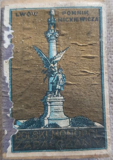 Zapałki Polskiego Monopolu Zapałczanego Etykieta z Pomnikiem Mickiewicza we Lwowie